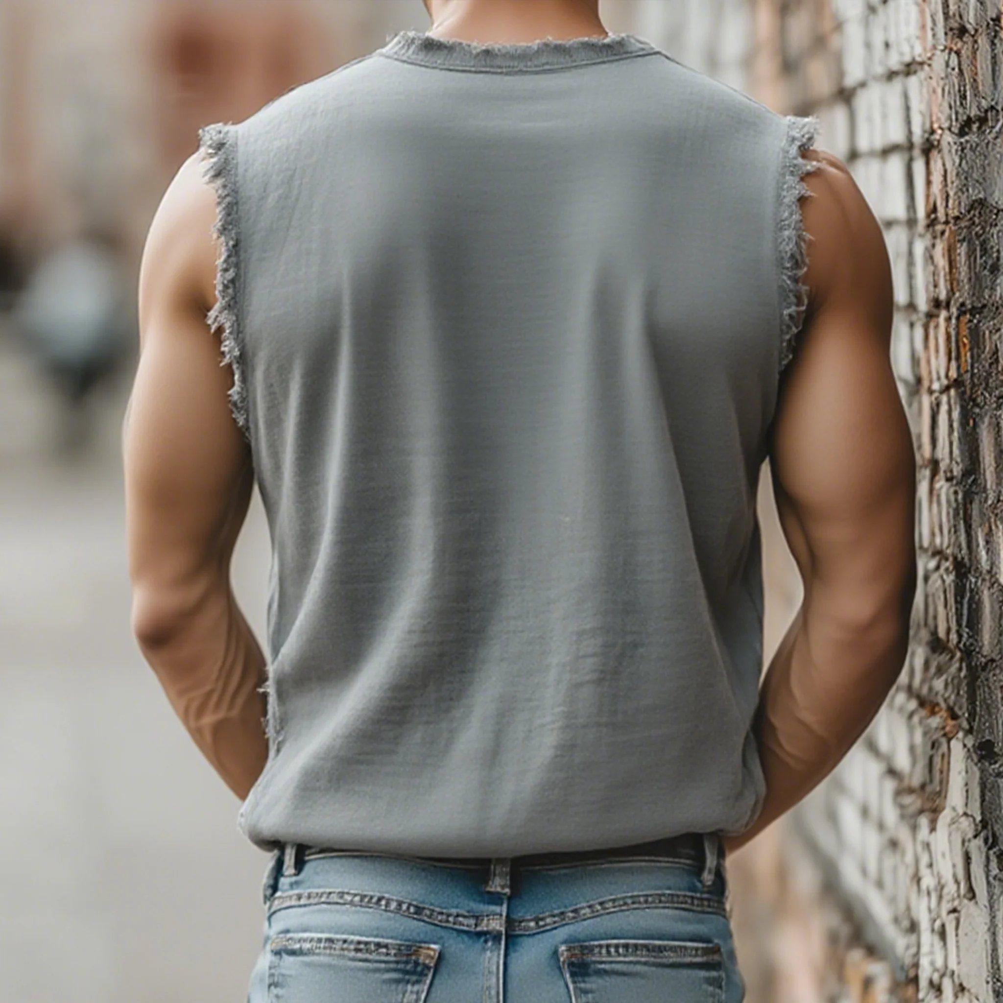 Leo | Men'S Summer Casual Tough Style Henley Collar Cotton Blended Raw Edge Ripped Tank Top - Image 3