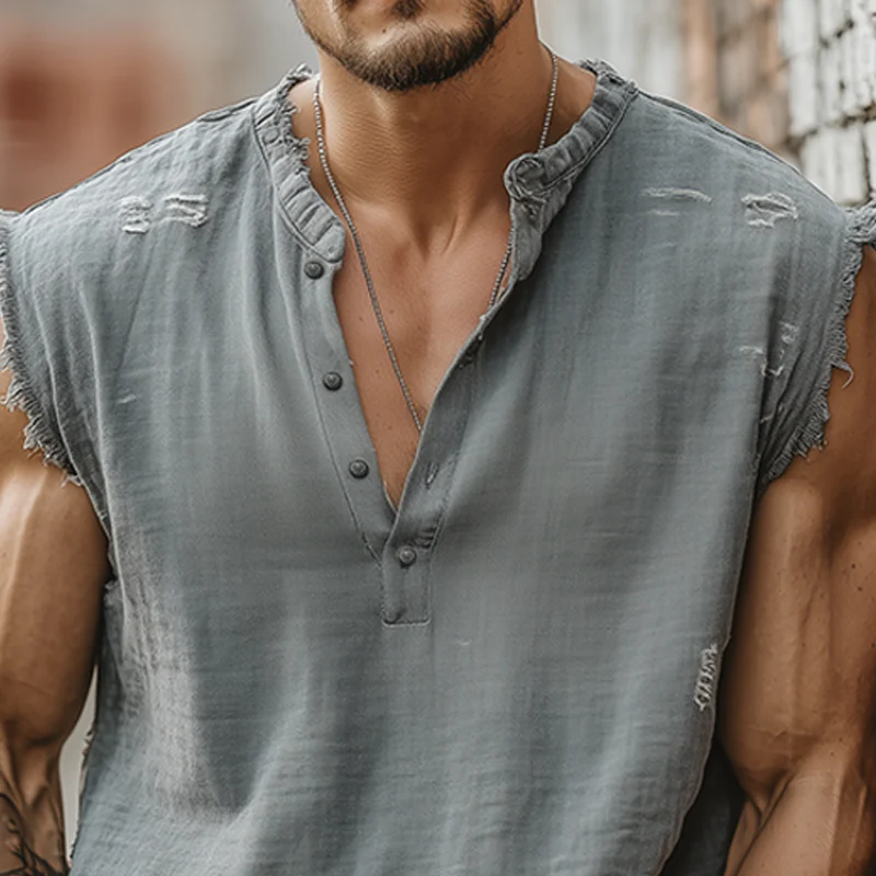 Leo | Men'S Summer Casual Tough Style Henley Collar Cotton Blended Raw Edge Ripped Tank Top - Image 4