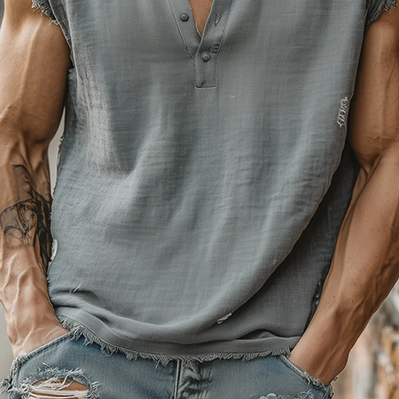 Leo | Men'S Summer Casual Tough Style Henley Collar Cotton Blended Raw Edge Ripped Tank Top - Image 5
