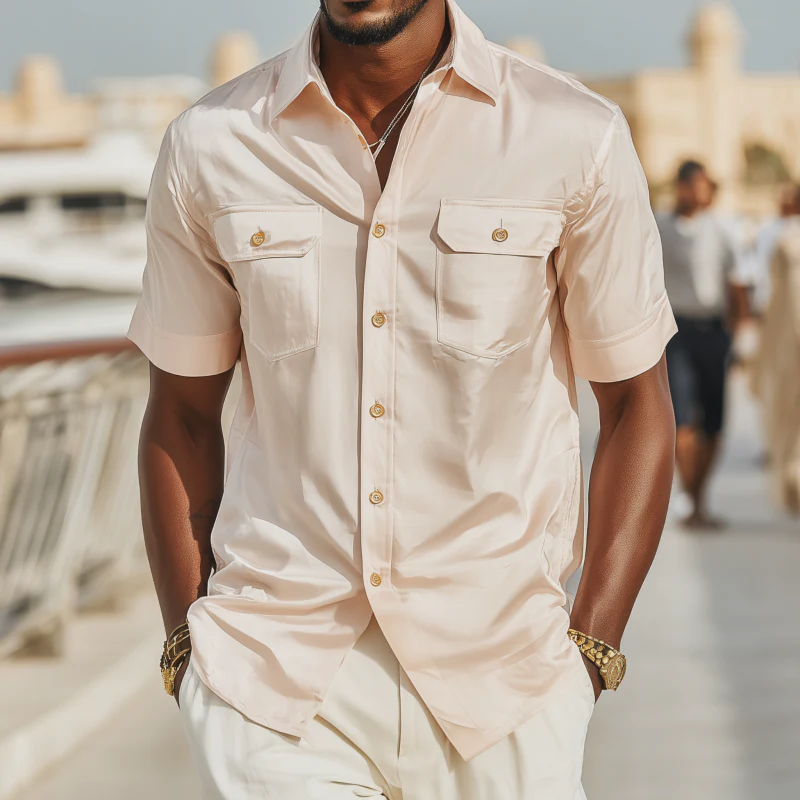 Leonard | Men'S Vintage Elegant Solid Satin Lapel Chest Pocket Slim Fit Short Sleeve Shirt - Image 2