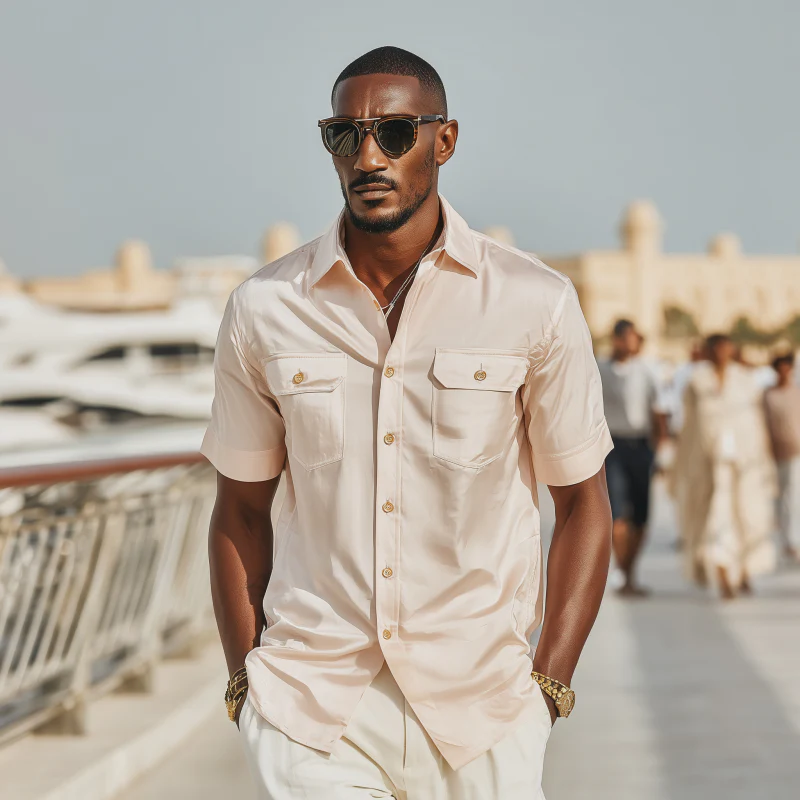 Leonard | Men'S Vintage Elegant Solid Satin Lapel Chest Pocket Slim Fit Short Sleeve Shirt - Image 3