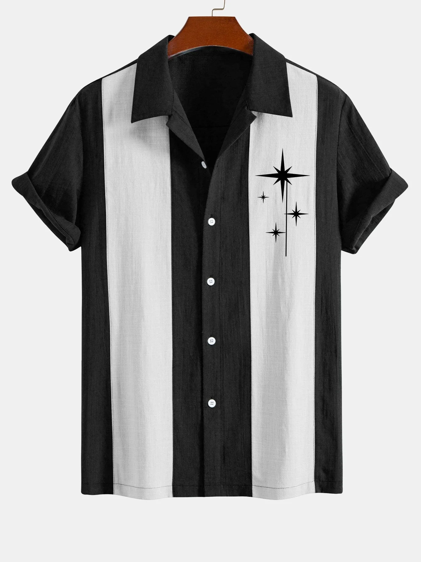 Leoncio® | Mid Century Starbursts Print Linen Look Patchwork Bowling Shirt