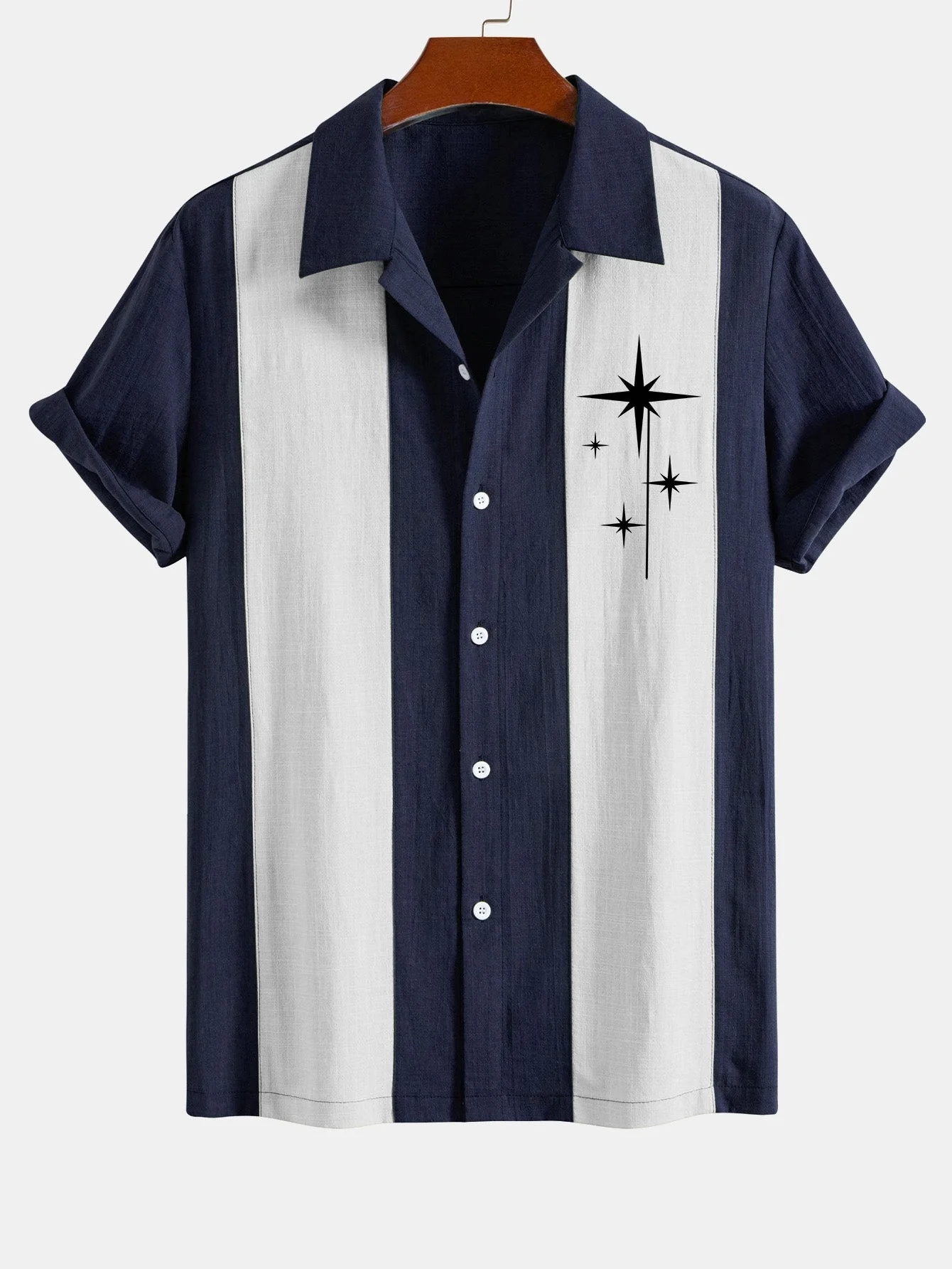 Leoncio® | Mid Century Starbursts Print Linen Look Patchwork Bowling Shirt - Image 3