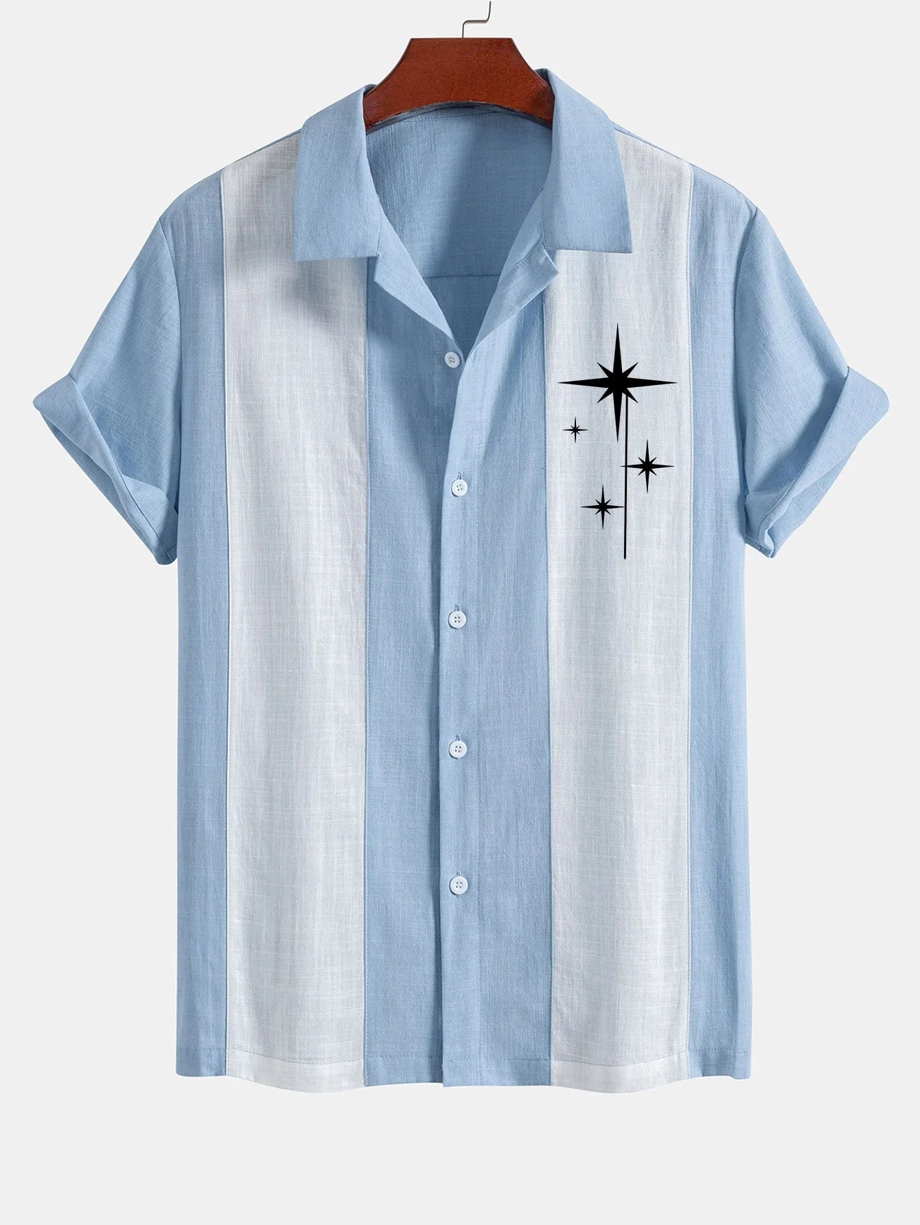 Leoncio® | Mid Century Starbursts Print Linen Look Patchwork Bowling Shirt - Image 5