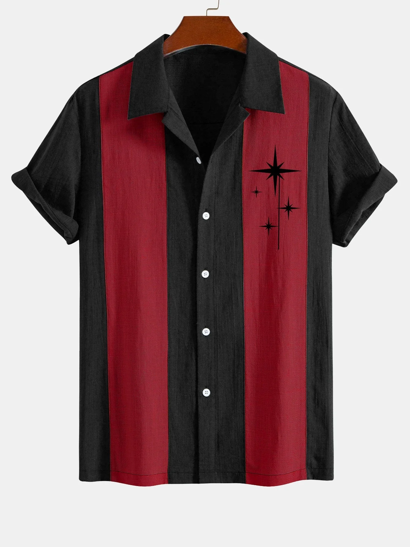 Leoncio® | Mid Century Starbursts Print Linen Look Patchwork Bowling Shirt - Image 7