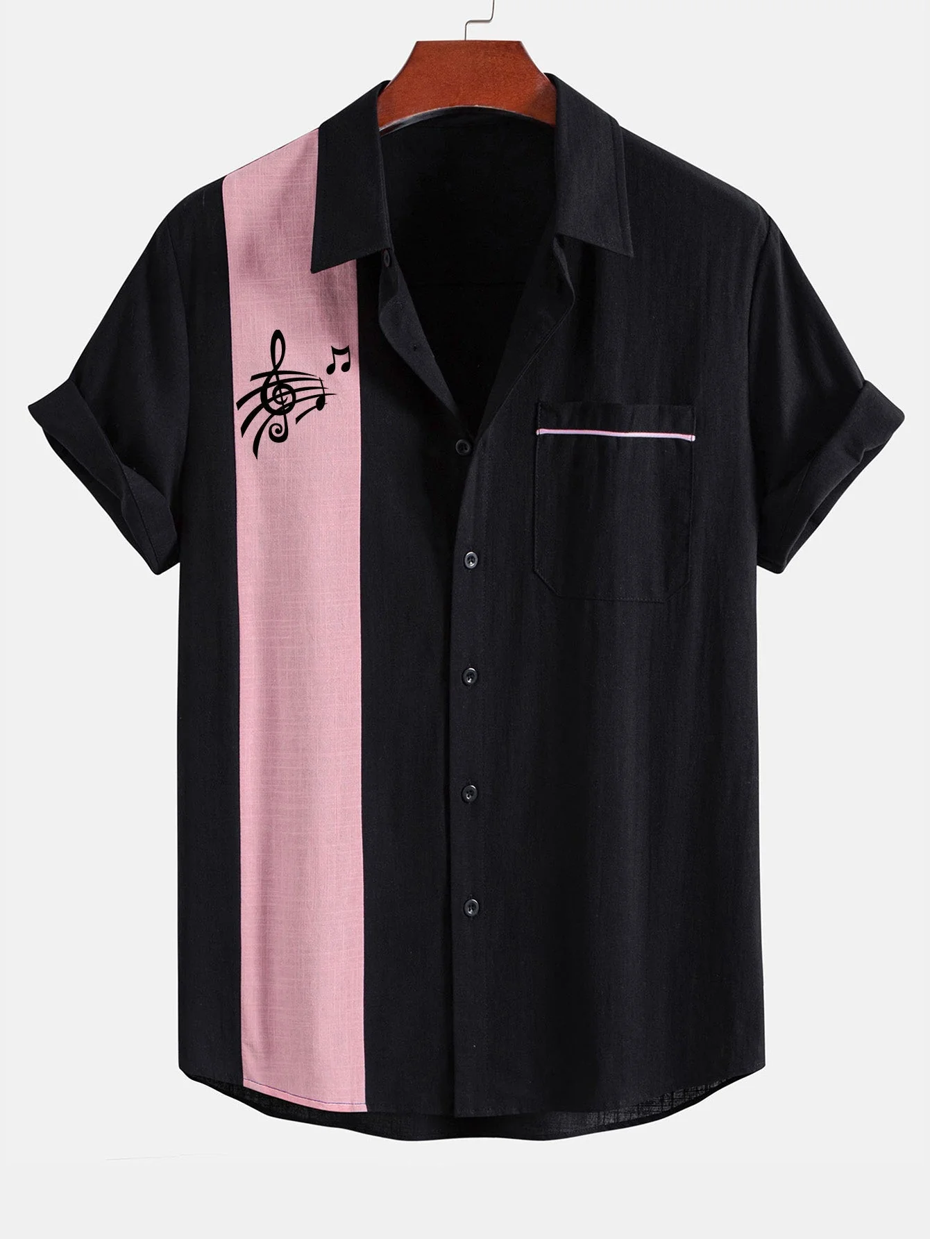 Leopoldo® | Musical Note Print Linen Look Contrast Button Up Shirt - Image 7