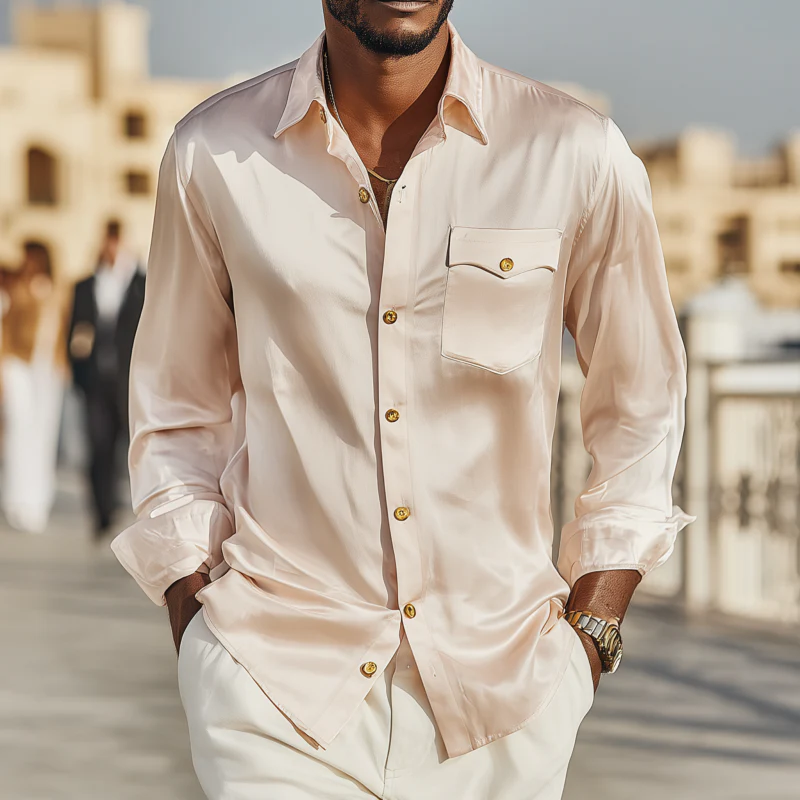 Leroy | Men'S Vintage Elegant Solid Satin Lapel Chest Pocket Slim Fit Long Sleeve Shirt - Image 2
