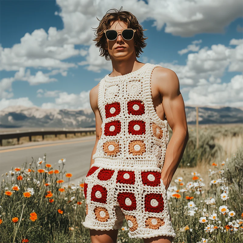 Lewis | Men'S Summer Fashion Casual Hollow Crochet Flower Knitted Vest Elastic Waist Shorts Set - Image 3