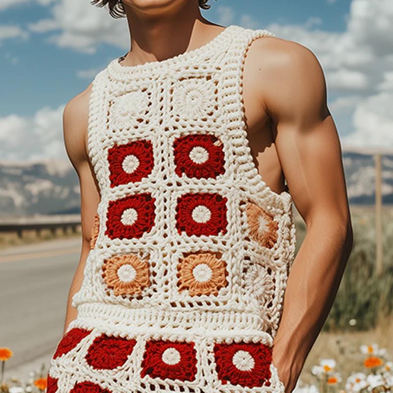 Lewis | Men'S Summer Fashion Casual Hollow Crochet Flower Knitted Vest Elastic Waist Shorts Set - Image 4