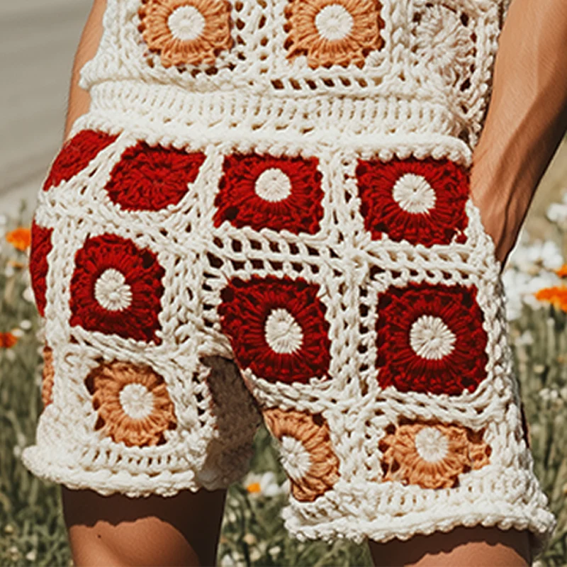 Lewis | Men'S Summer Fashion Casual Hollow Crochet Flower Knitted Vest Elastic Waist Shorts Set - Image 6