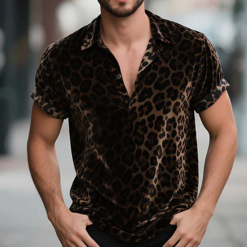 Lewis | Men'S Vintage Velvet Leopard Print Lapel Short Sleeve T-Shirt - Image 2