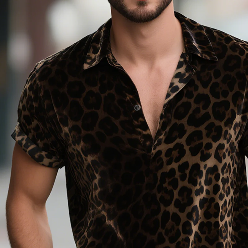 Lewis | Men'S Vintage Velvet Leopard Print Lapel Short Sleeve T-Shirt - Image 3