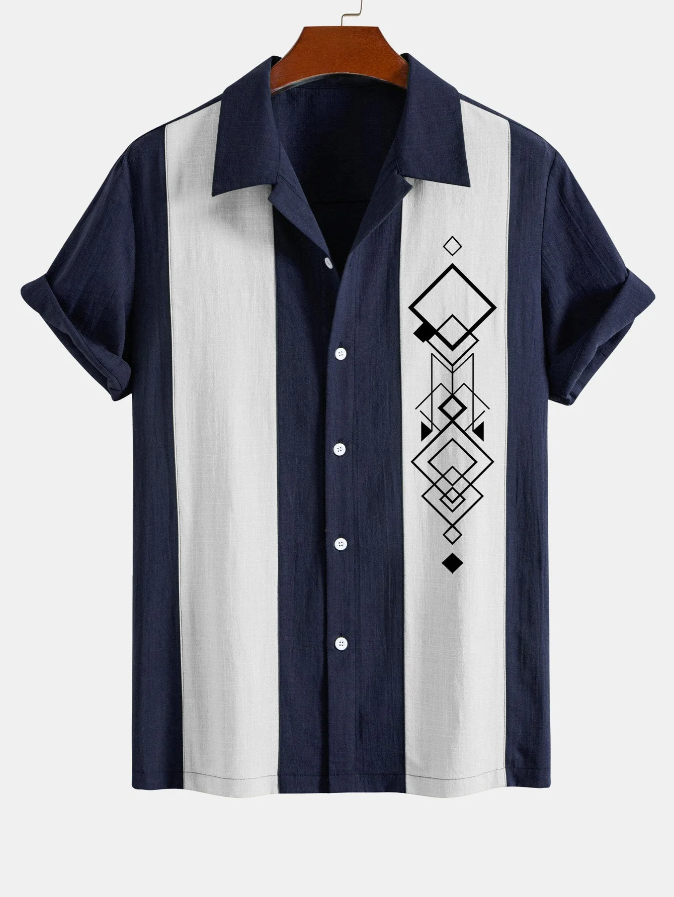 Liberio® | Geometric Rhombus Print Linen Look Patchwork Bowling Shirt - Image 3