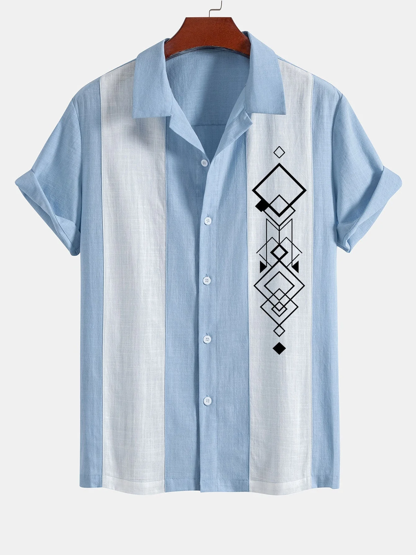 Liberio® | Geometric Rhombus Print Linen Look Patchwork Bowling Shirt - Image 5