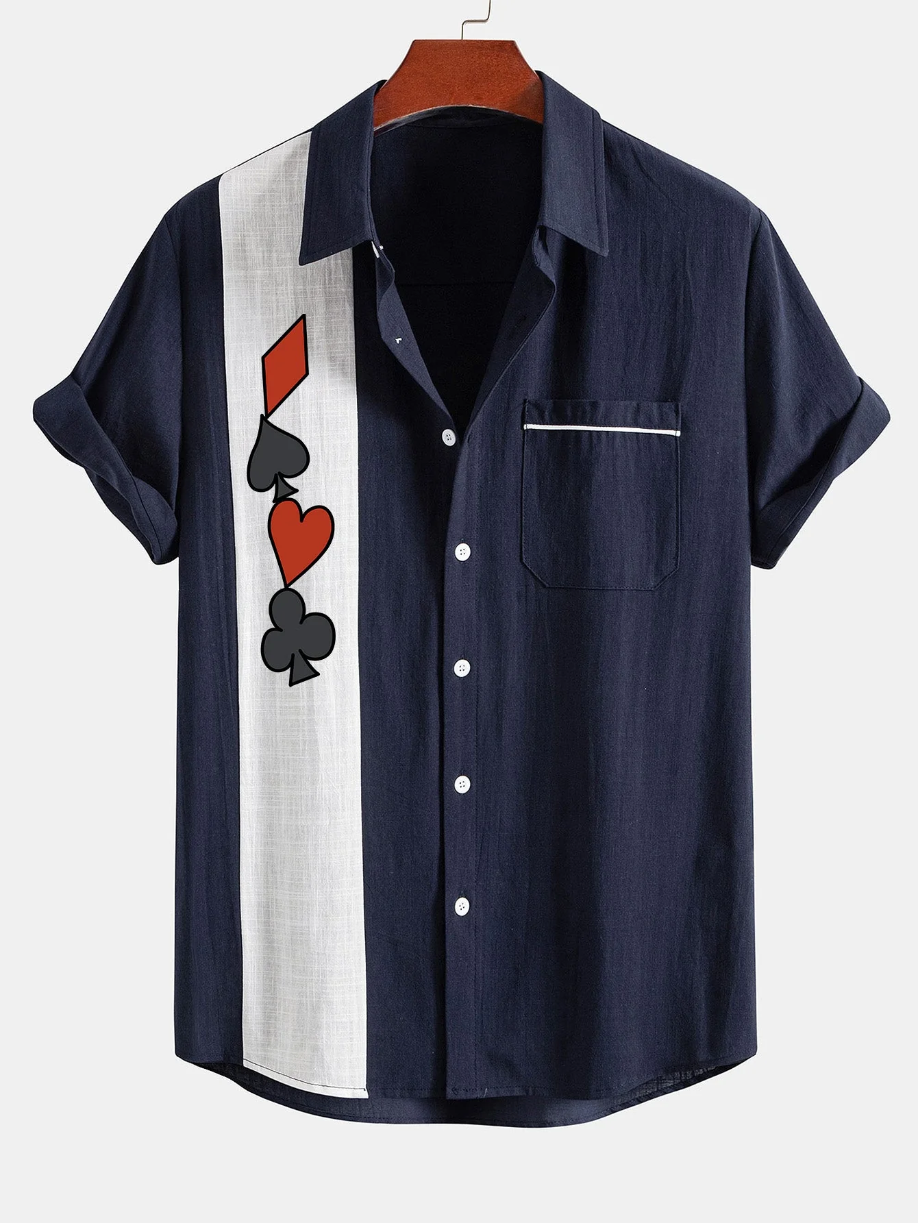 Licio® | Poker Print Linen Look Contrast Button Up Shirt - Image 3