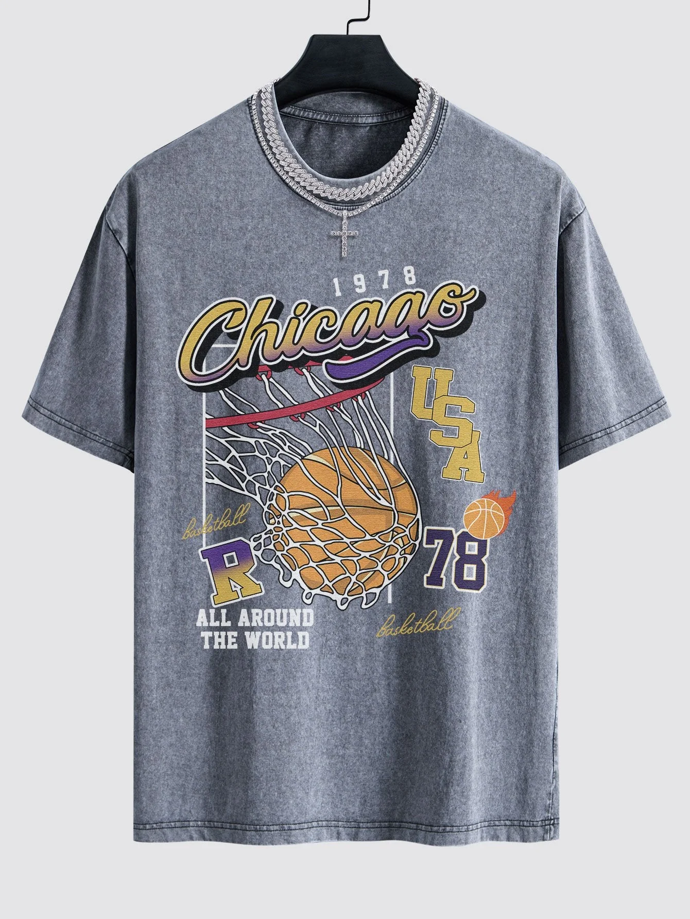 Lino® | Chicago Basketball Print Washed Drop Shoulder Oversize T-Shirt - Image 3