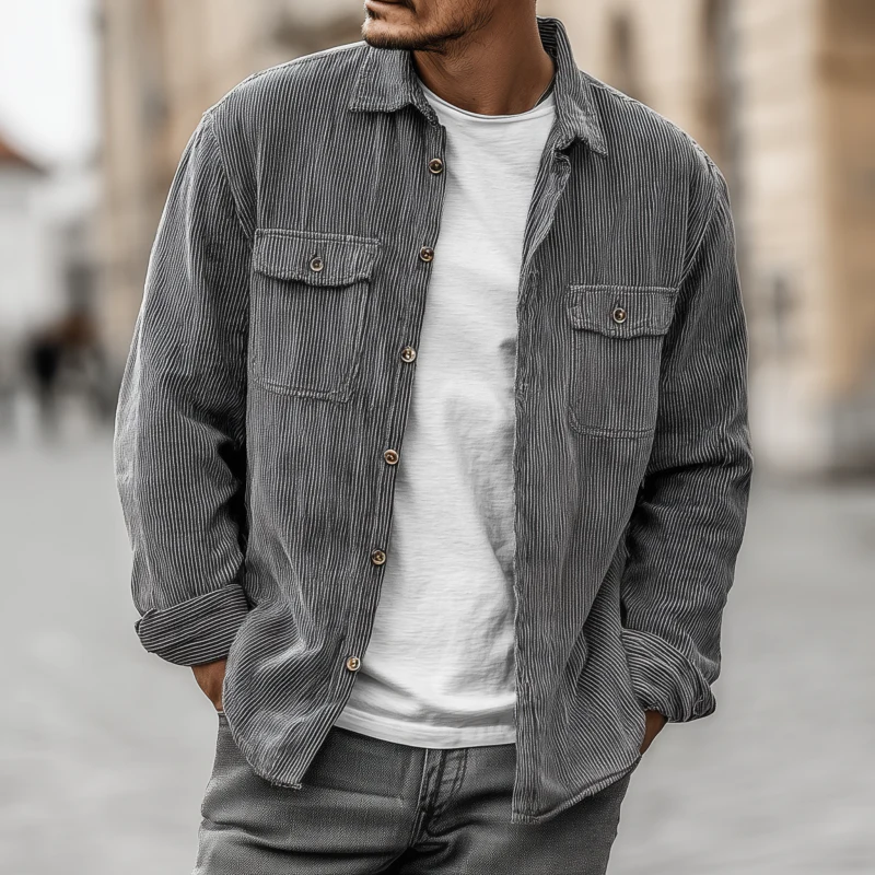 Lloyd | Men'S Casual Breathable Striped Cotton Lapel Flap Pocket Loose Long Sleeve Shirt Jacket - Image 2