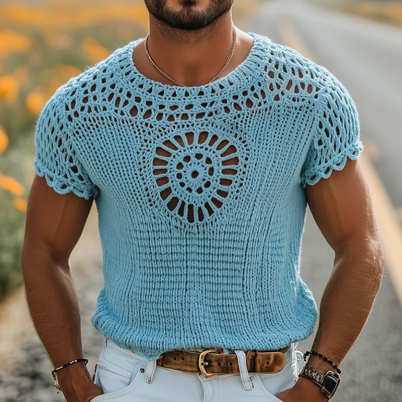 Louis | Men'S Summer Fashion Casual Hollow Crochet Round Neck Knitted Short Sleeve T-Shirt - Image 2