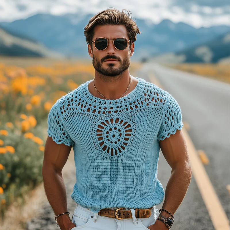 Louis | Men'S Summer Fashion Casual Hollow Crochet Round Neck Knitted Short Sleeve T-Shirt - Image 3