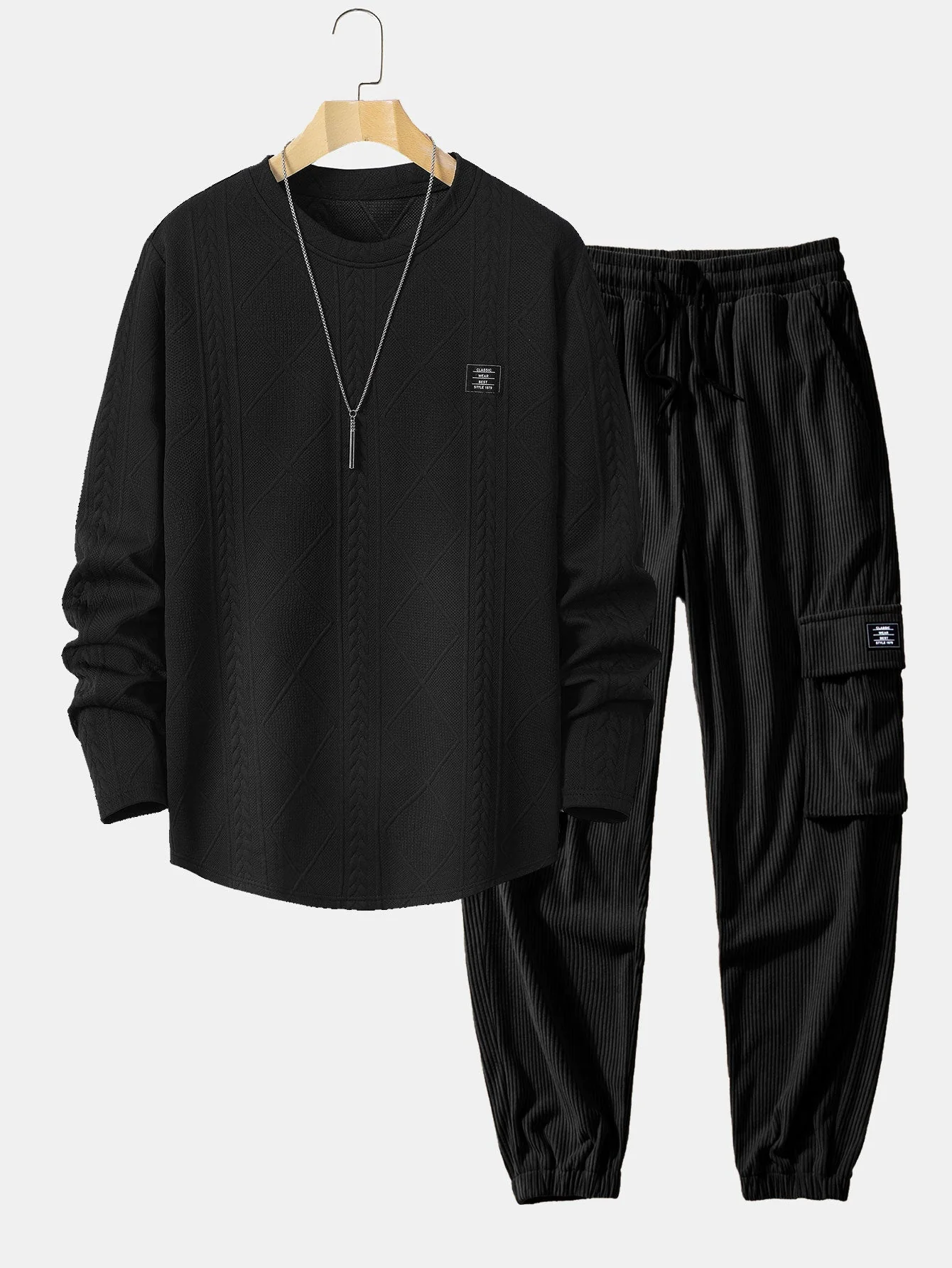 Lucas® | Long Sleeved T-Shirt With Curved Hem In Geometric Jacquard & Cargo Joggers In Corduroy With Drawstring - Image 2