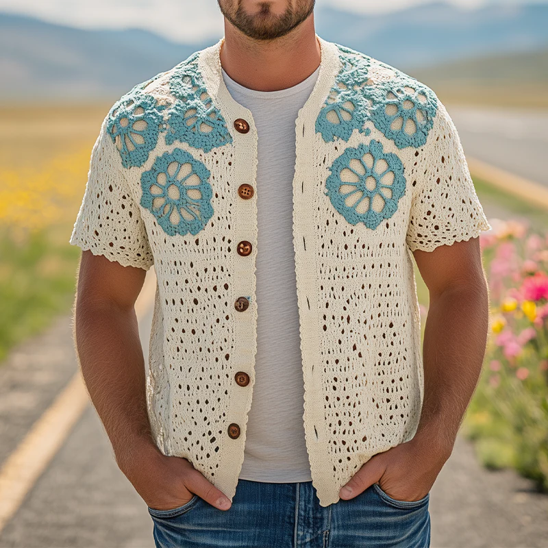 Lucas | Men'S Summer Fashion Casual Hollow Crochet Flower Knitted Short Sleeve Shirt - Image 2