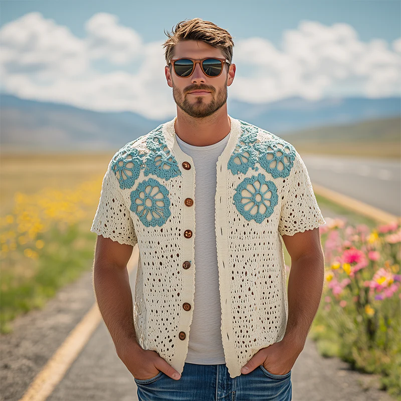 Lucas | Men'S Summer Fashion Casual Hollow Crochet Flower Knitted Short Sleeve Shirt - Image 3