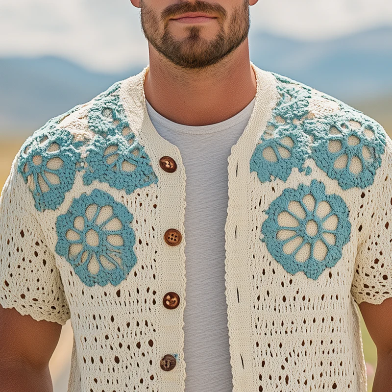 Lucas | Men'S Summer Fashion Casual Hollow Crochet Flower Knitted Short Sleeve Shirt - Image 4