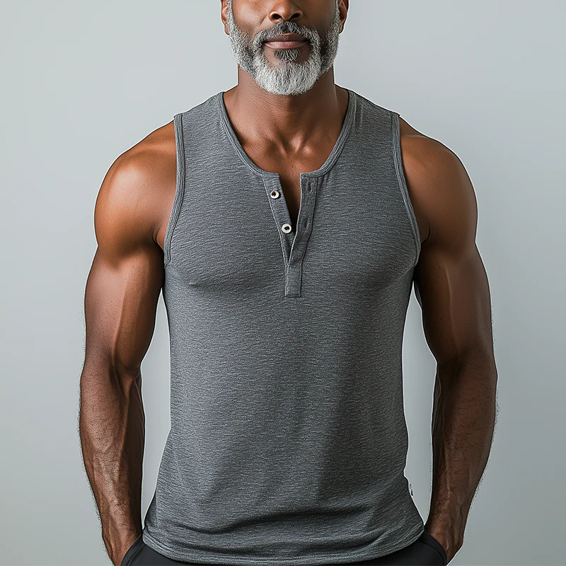 Luis | Men'S Summer Fashion Cotton Blend Henley Collar Tank Top - Image 2