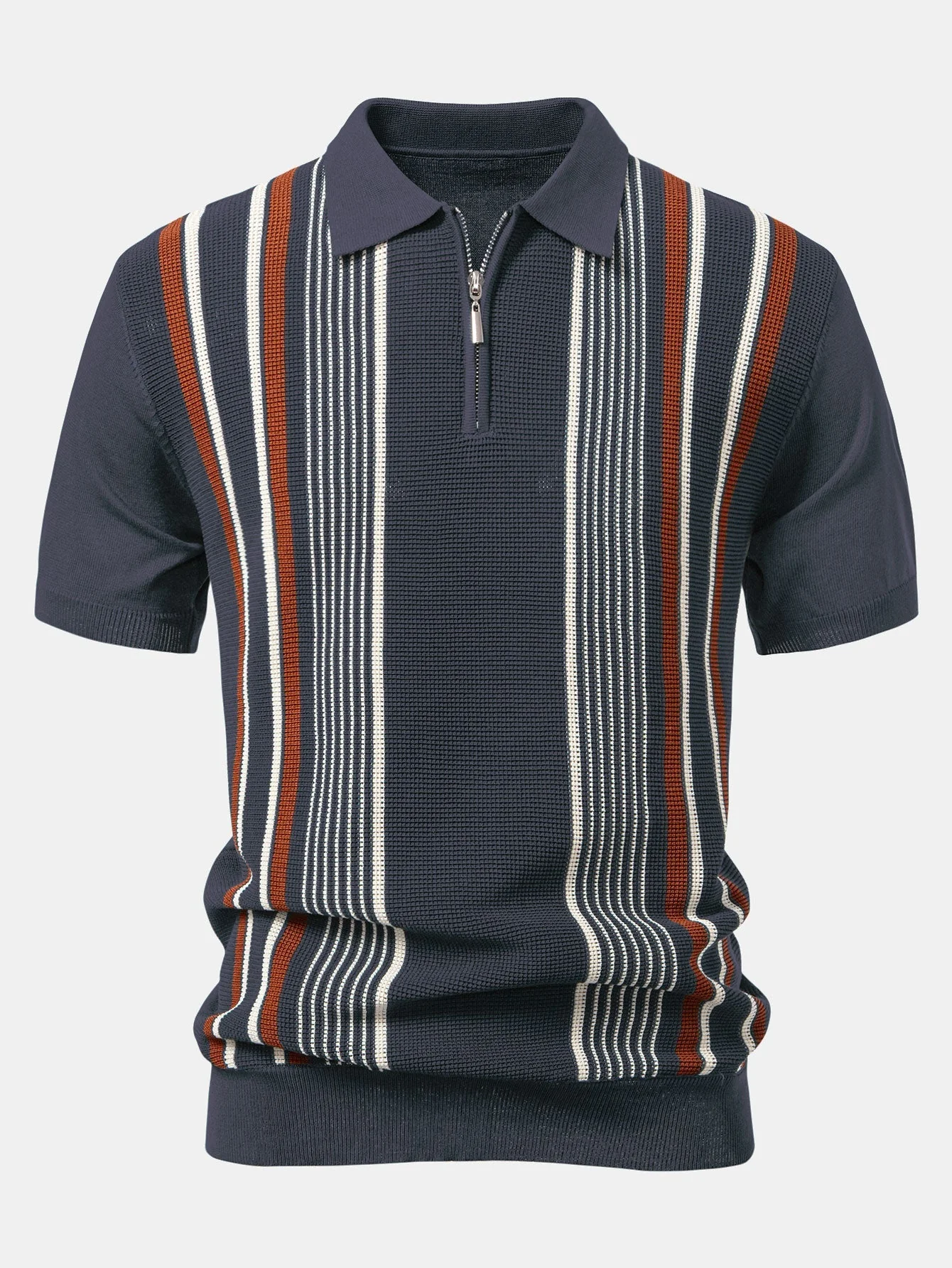 Luke | Stripe Knit Zip Up Polo Shirt - Image 6