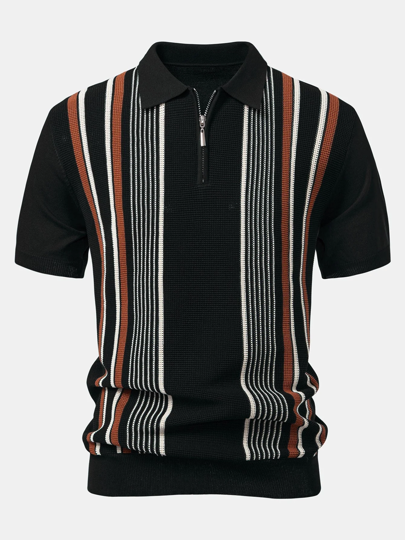 Luke | Stripe Knit Zip Up Polo Shirt - Image 8