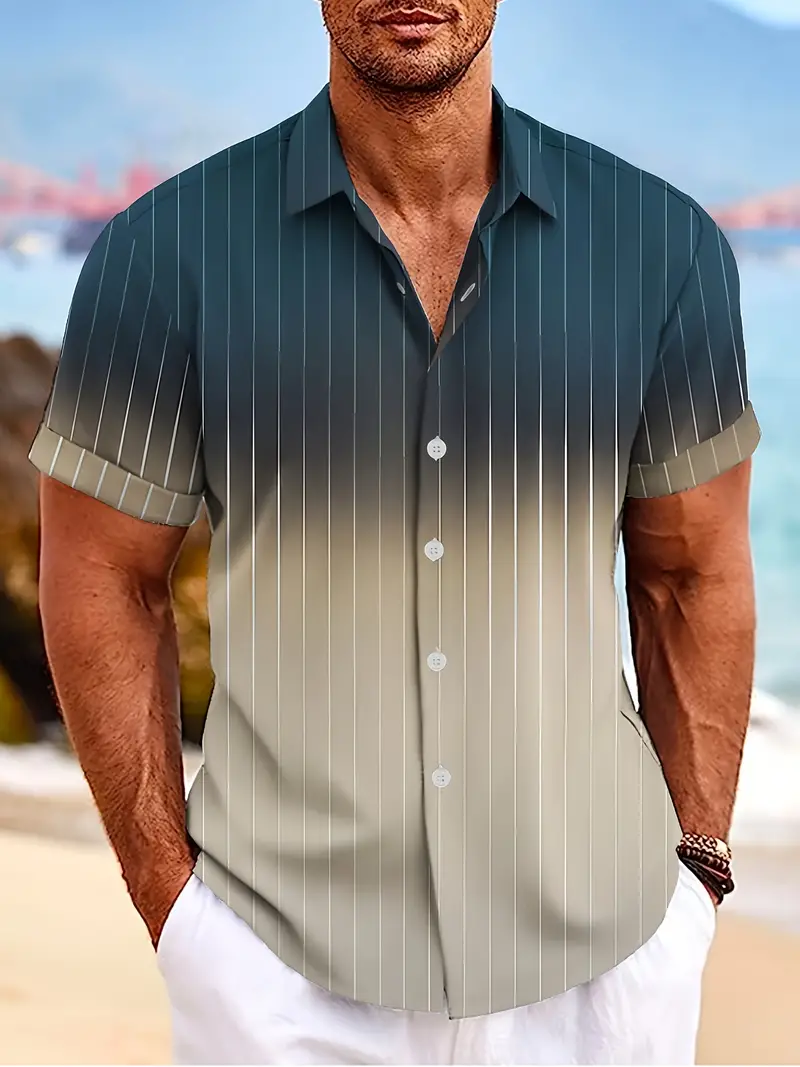 Lurton® | Men'S Short-Sleeved Button-Down Shirt With Gradient And Striped Pattern For Spring/Summer - Image 12