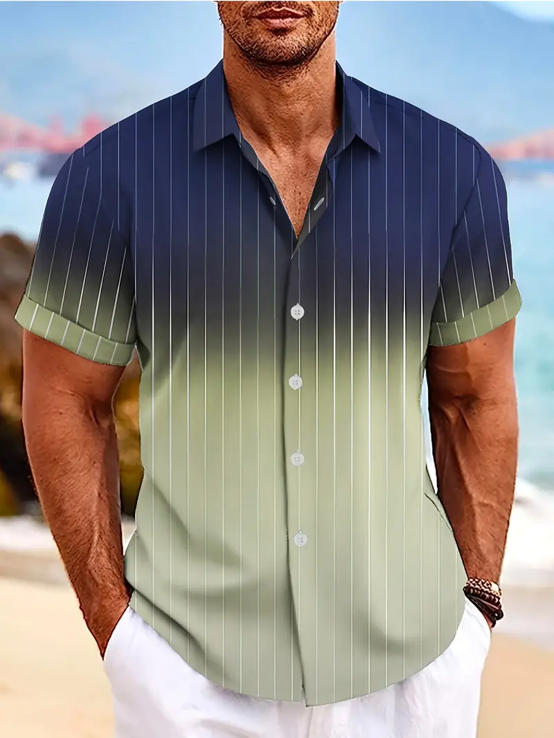 Lurton® | Men'S Short-Sleeved Button-Down Shirt With Gradient And Striped Pattern For Spring/Summer - Image 14