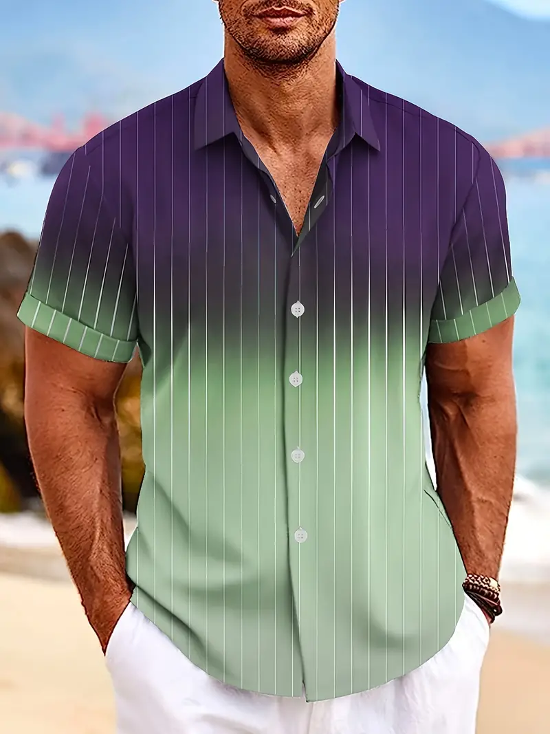 Lurton® | Men'S Short-Sleeved Button-Down Shirt With Gradient And Striped Pattern For Spring/Summer - Image 16