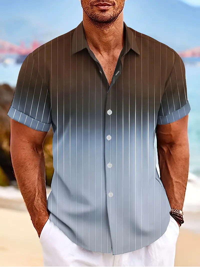Lurton® | Men'S Short-Sleeved Button-Down Shirt With Gradient And Striped Pattern For Spring/Summer - Image 17