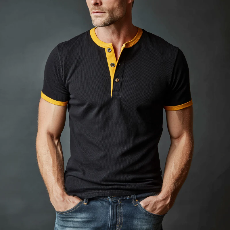 Luther | Men'S Casual Cotton Blend Colorblock Ribbed Henley Collar Slim Fit Short Sleeve T-Shirt - Image 2
