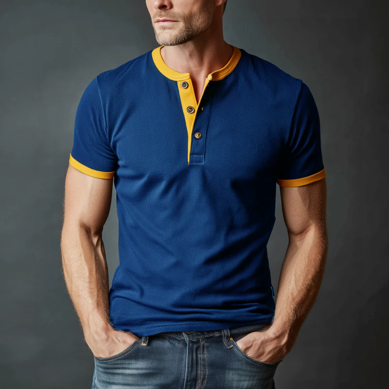 Luther | Men'S Casual Cotton Blend Colorblock Ribbed Henley Collar Slim Fit Short Sleeve T-Shirt - Image 3
