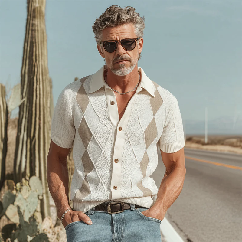 Luther | Men'S Spring And Summer Fashion Retro Slim Fit Knitted Collar Plaid Short-Sleeved Shirt - Image 3