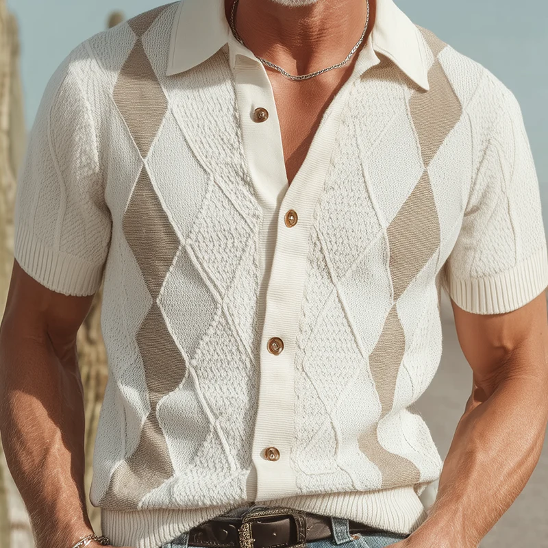 Luther | Men'S Spring And Summer Fashion Retro Slim Fit Knitted Collar Plaid Short-Sleeved Shirt - Image 5