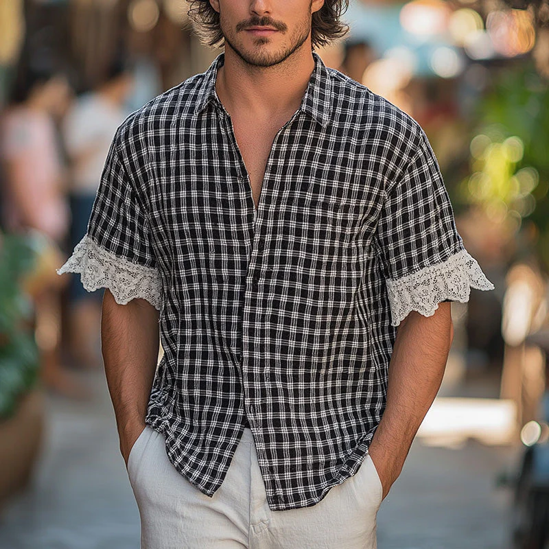 Luther | Men'S Summer Fashion Lace Patchwork Plaid Short Sleeve Shirt - Image 2