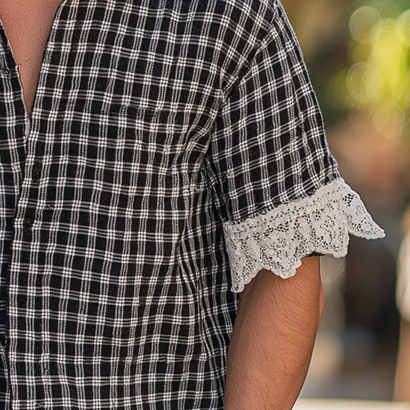 Luther | Men'S Summer Fashion Lace Patchwork Plaid Short Sleeve Shirt - Image 4
