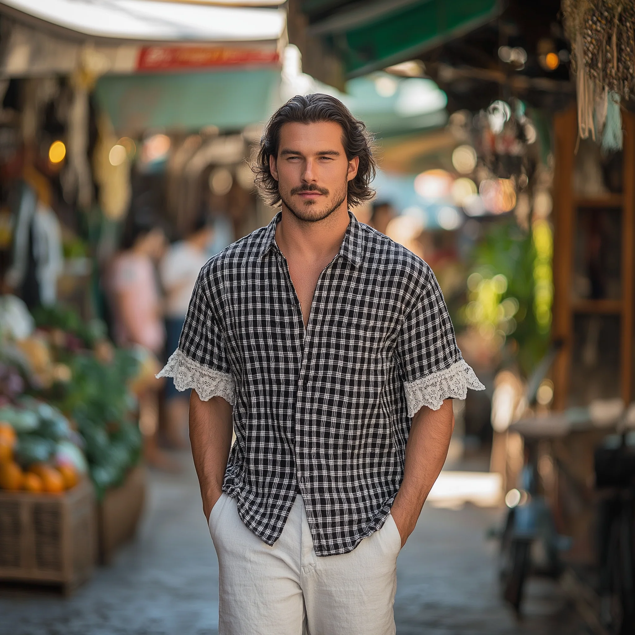 Luther | Men'S Summer Fashion Lace Patchwork Plaid Short Sleeve Shirt - Image 5