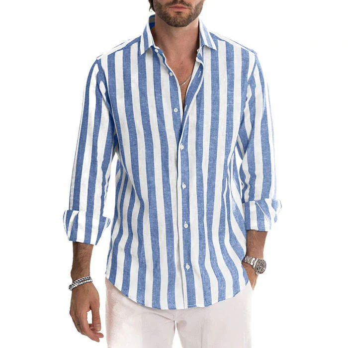 Malcolm® | Striped Cotton And Linen Shirt Buttons Long Sleeve - Image 2