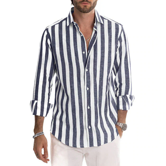 Malcolm® | Striped Cotton And Linen Shirt Buttons Long Sleeve - Image 3