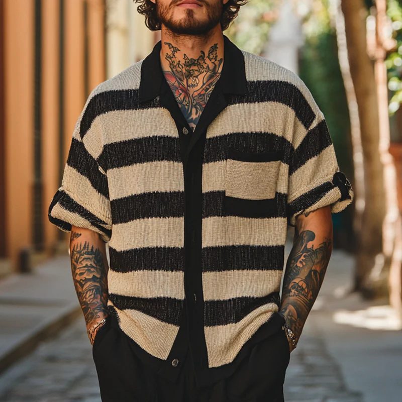 Malcolm | Men'S Striped Knitted Three-Quarter Sleeve Shirt - Image 2