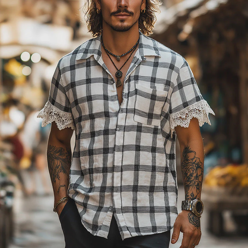Malcolm | Men'S Summer Fashion Lace Patchwork Linen Short Sleeve Shirt - Image 2