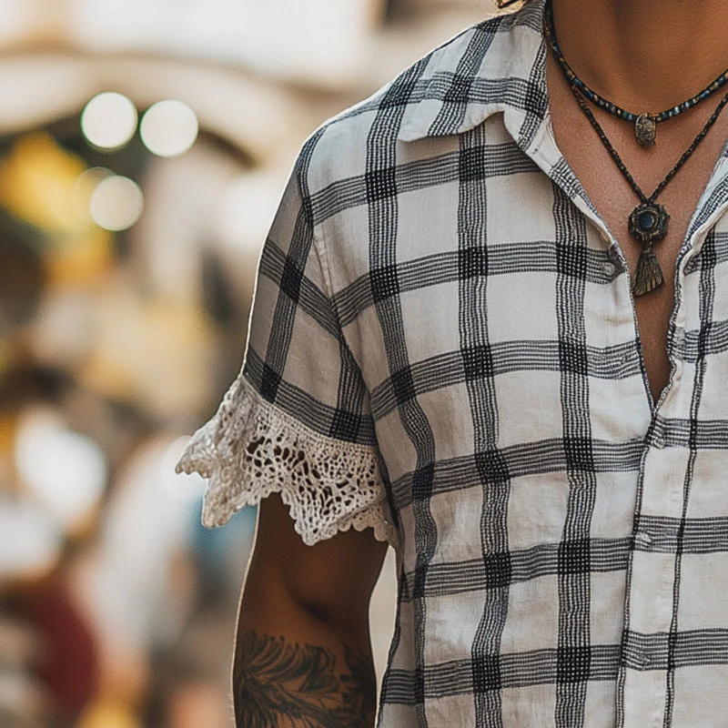 Malcolm | Men'S Summer Fashion Lace Patchwork Linen Short Sleeve Shirt - Image 3