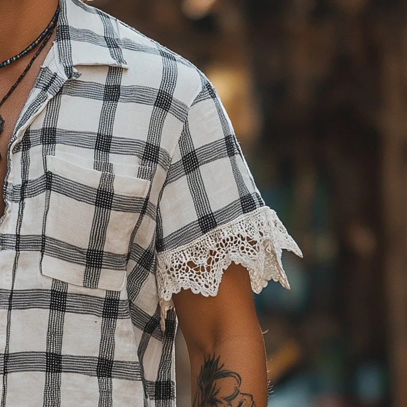 Malcolm | Men'S Summer Fashion Lace Patchwork Linen Short Sleeve Shirt - Image 4