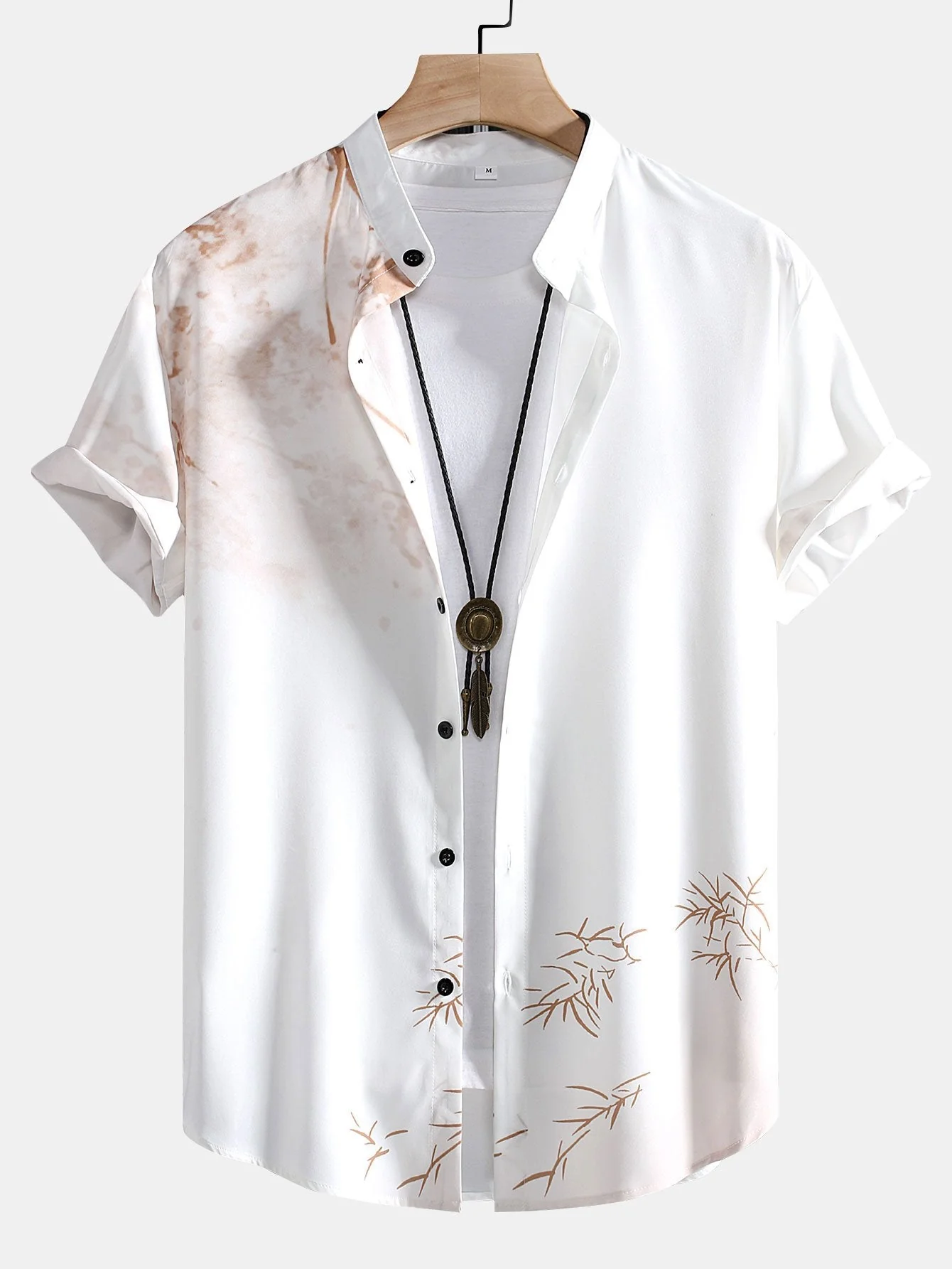 Malik® | Traditional Oriental Ink Painting Print Stand Collar Shirt - Image 3