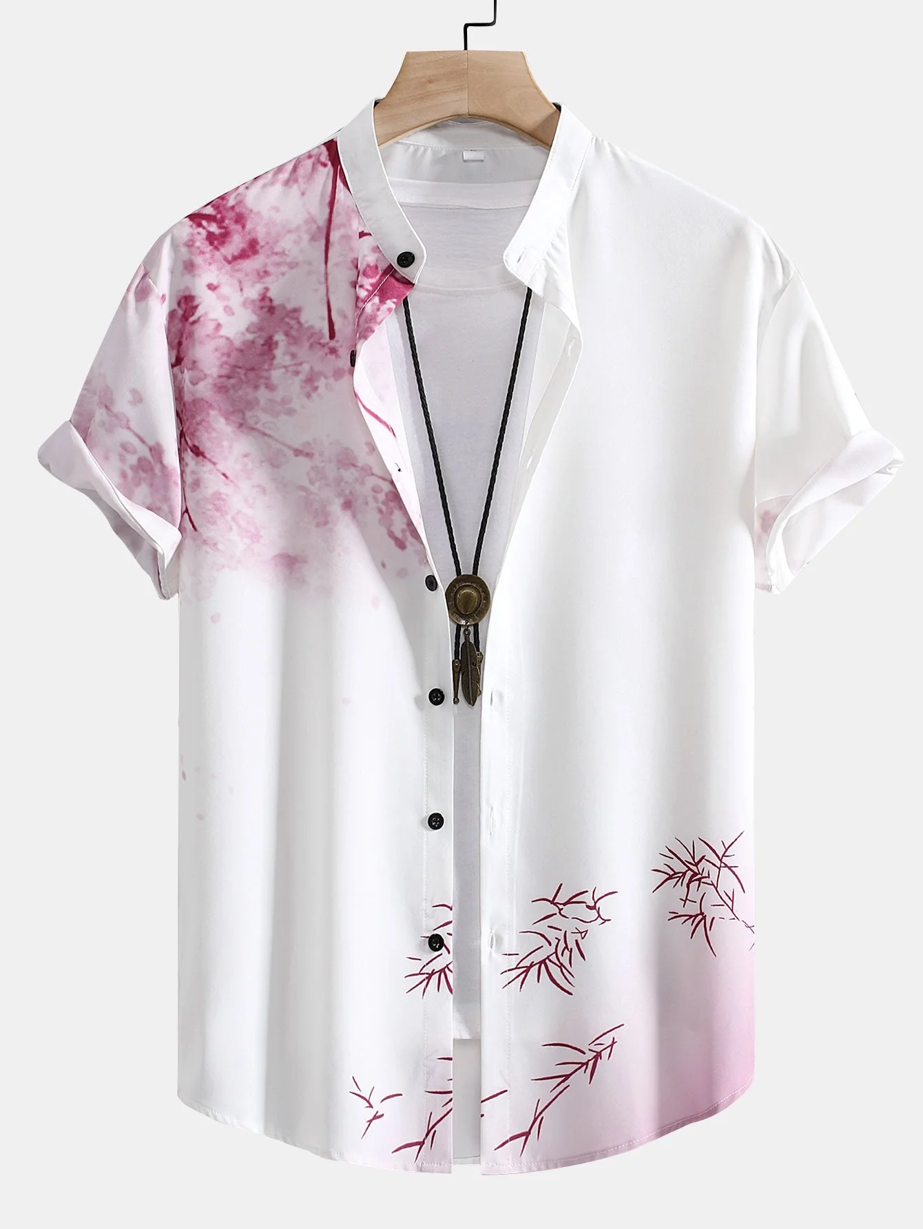 Malik® | Traditional Oriental Ink Painting Print Stand Collar Shirt - Image 4