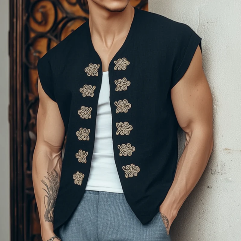 Marc | Men'S Vintage Embroidered Cotton Blended Collarless Loose Short Sleeve Shirt Cardigan - Image 2